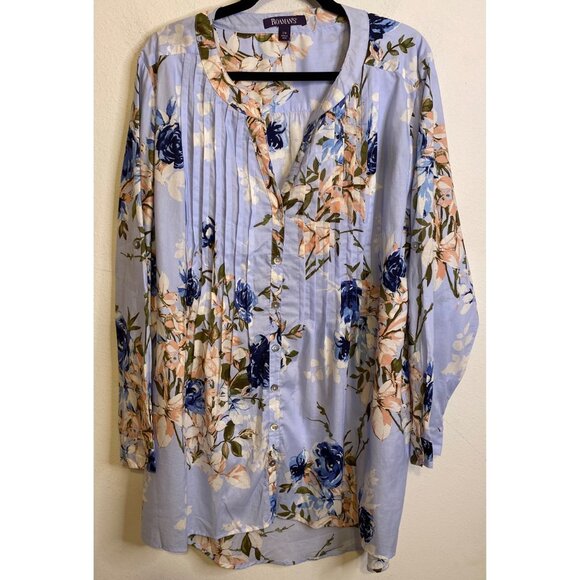 Roamans BLUE Floral Pintuck Button Front Tunic Top Size 22W Long Sleeve Tropical - Picture 1 of 4